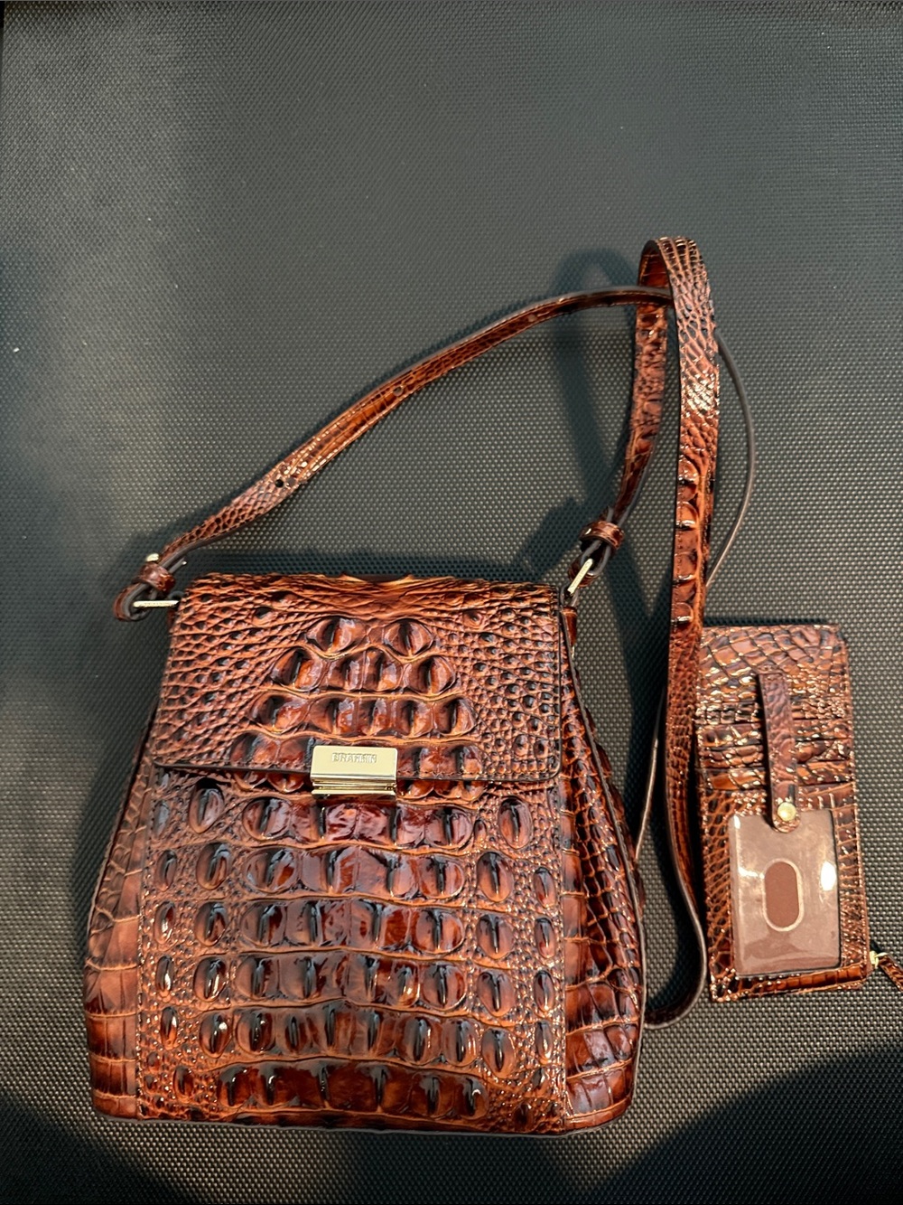 Brahmin Margo Brown Croc-Embossed Leather Crossbody Bag with Card Holder